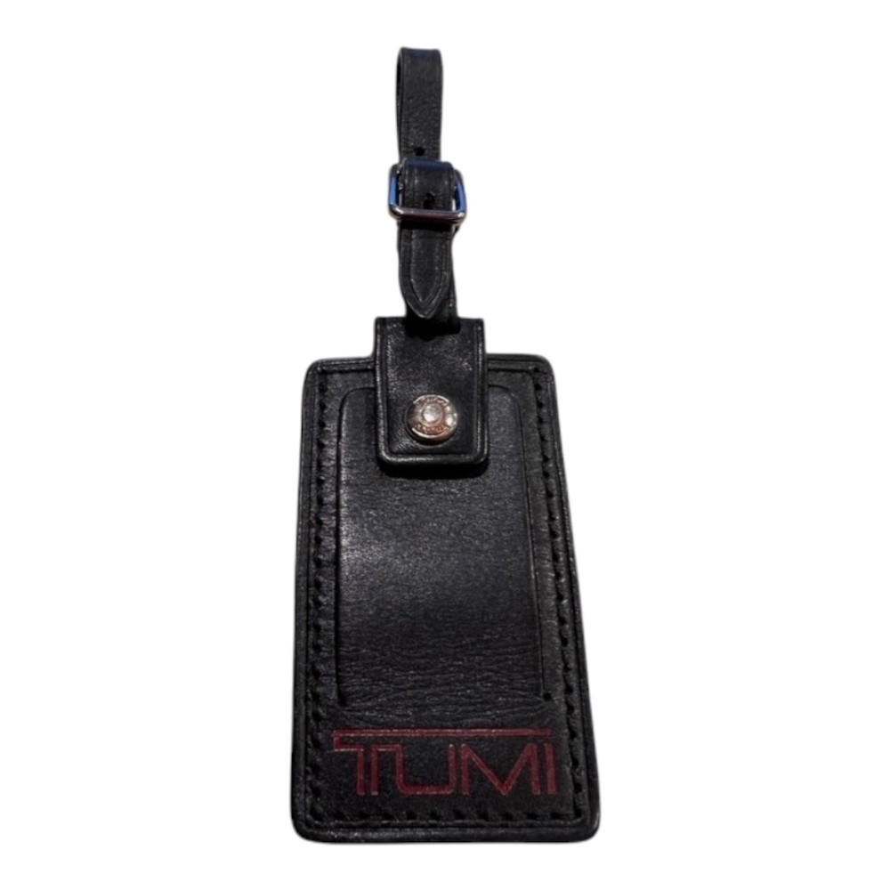 TUMI black leather luggage tag RED logo NWOT